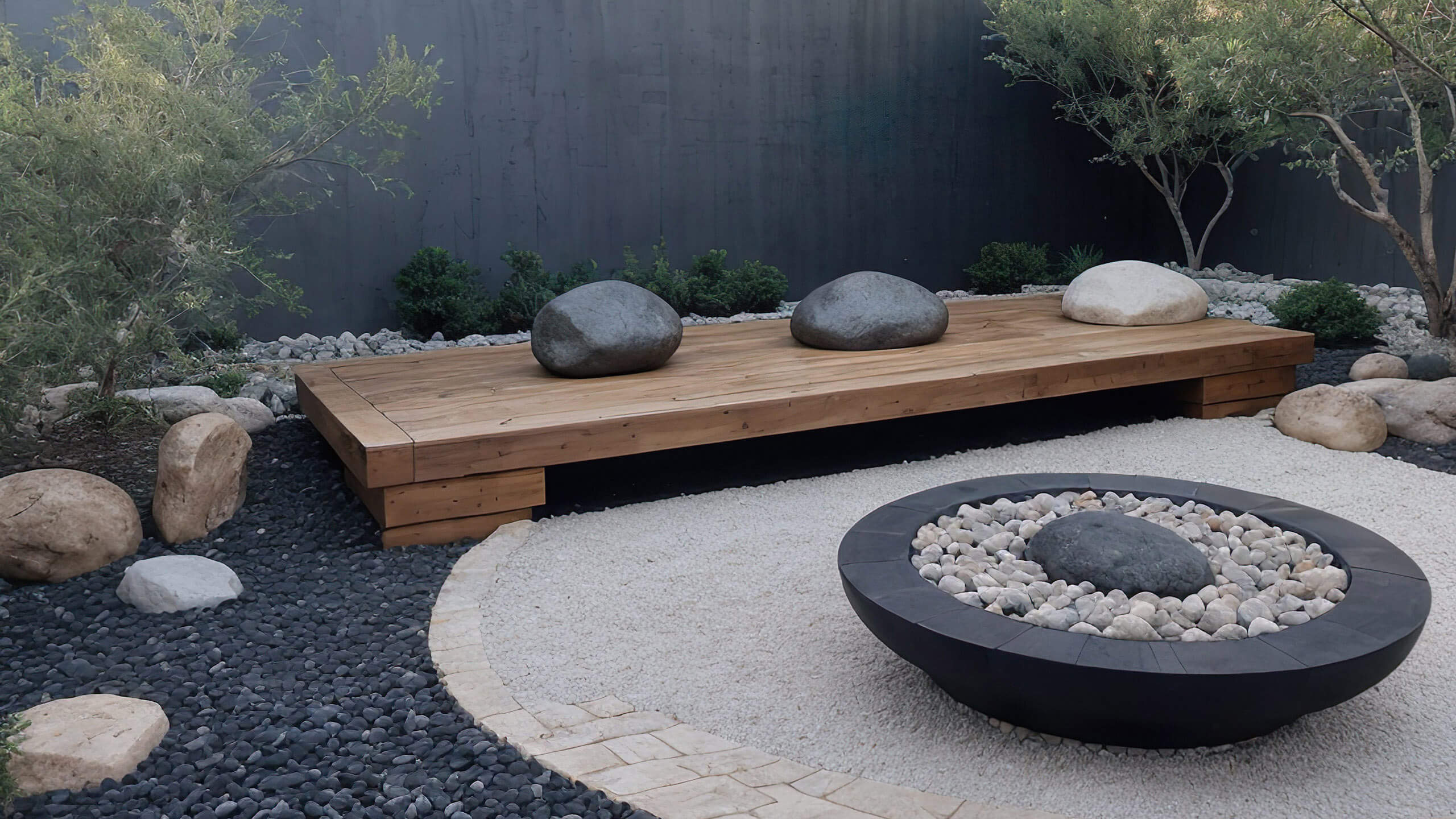 Modern zen garden with stones and minimalist design.