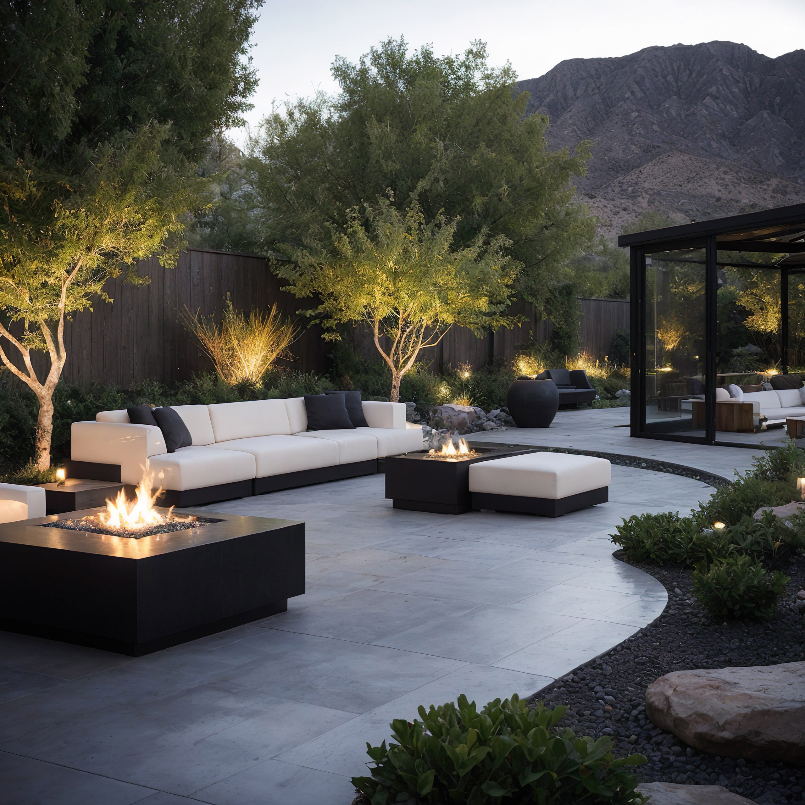 Minimalist design outdoor seating with custom lighting
