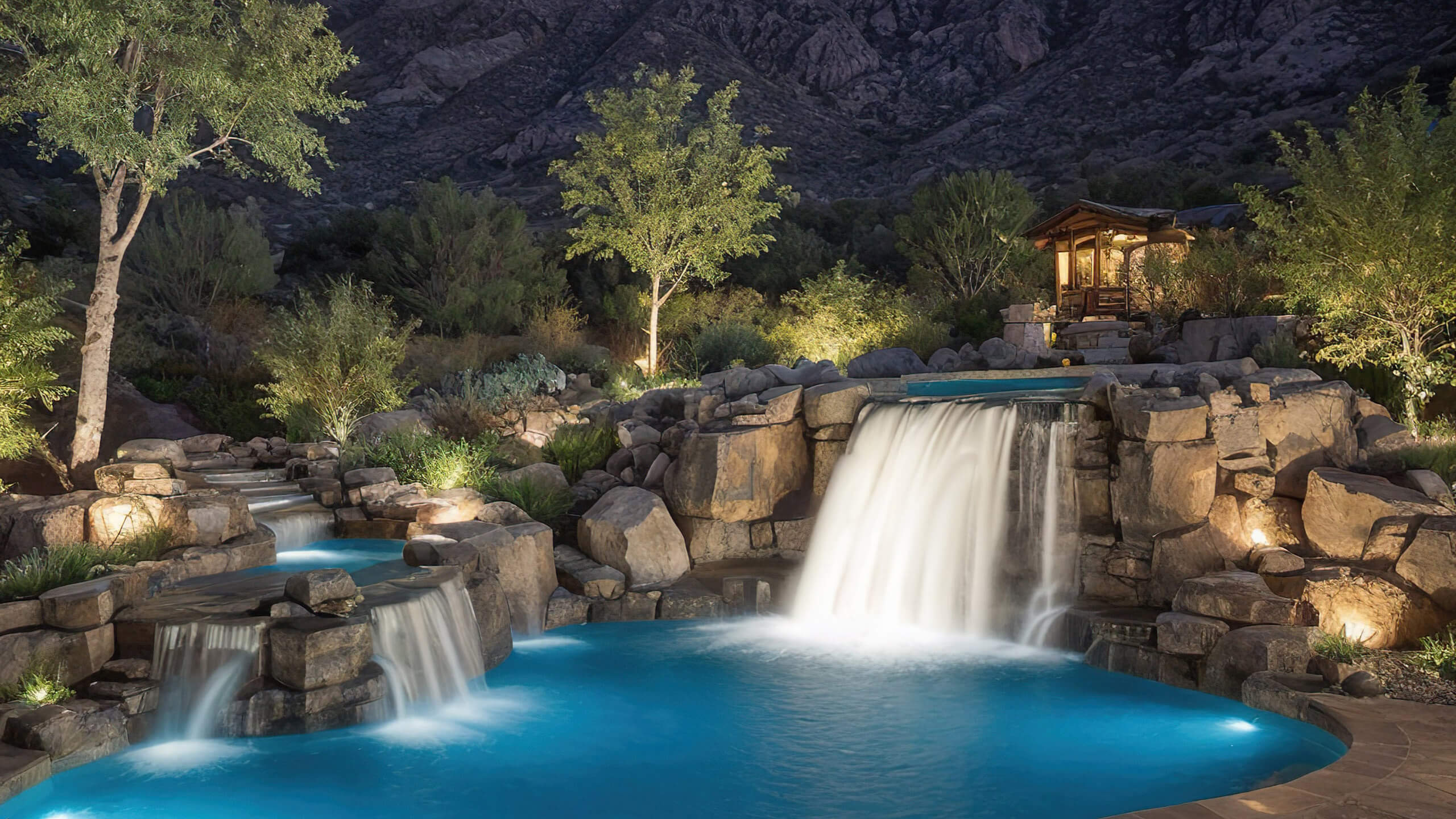 Illuminated backyard waterfall and pool at night