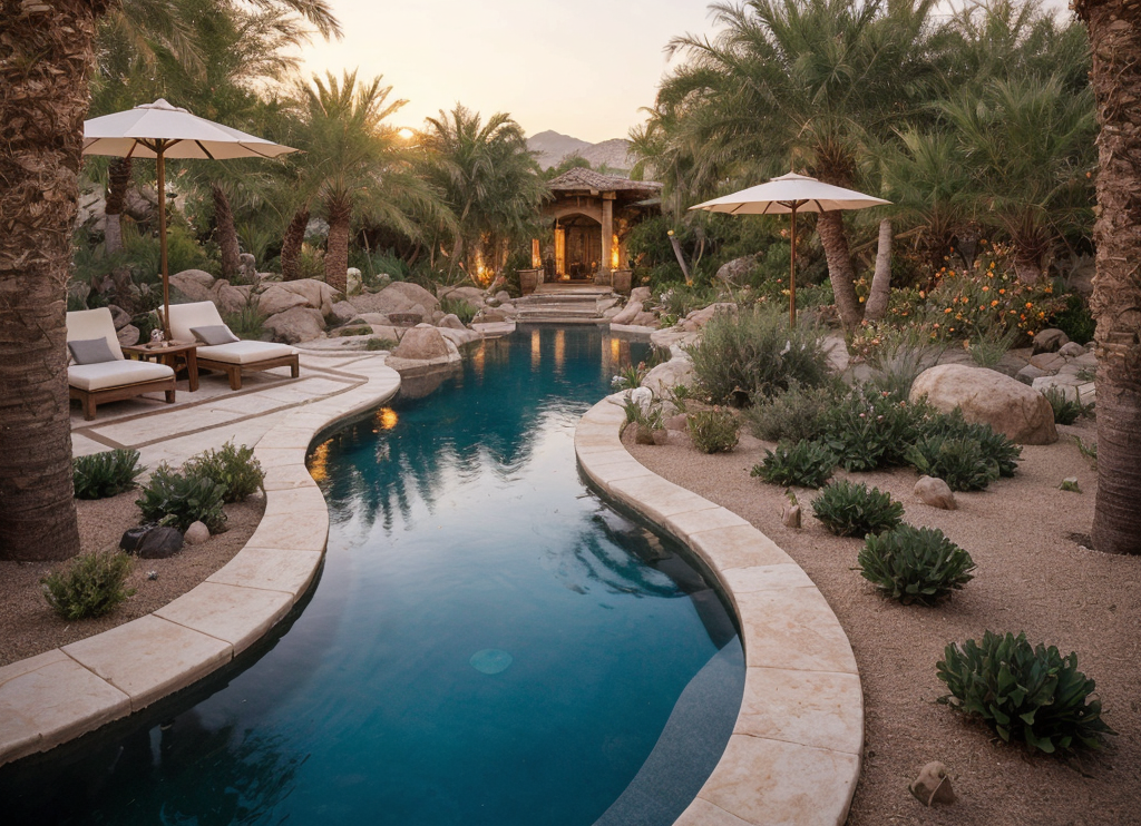 desert-oasis-1 Luxurious poolside retreat with palm trees at sunset.