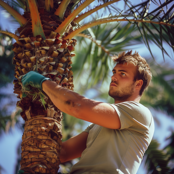 013 Man trimming palm tree under blue sky.