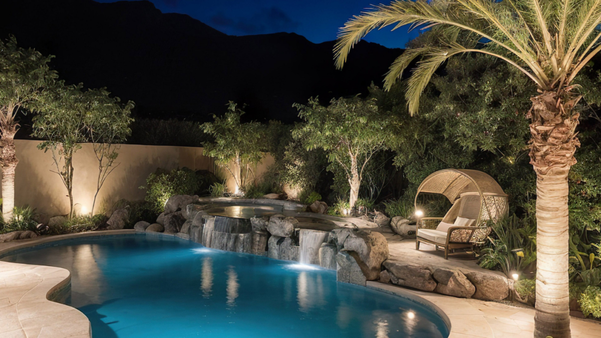 Luxurious backyard pool with waterfall, palms and plantings, and lounge chair.