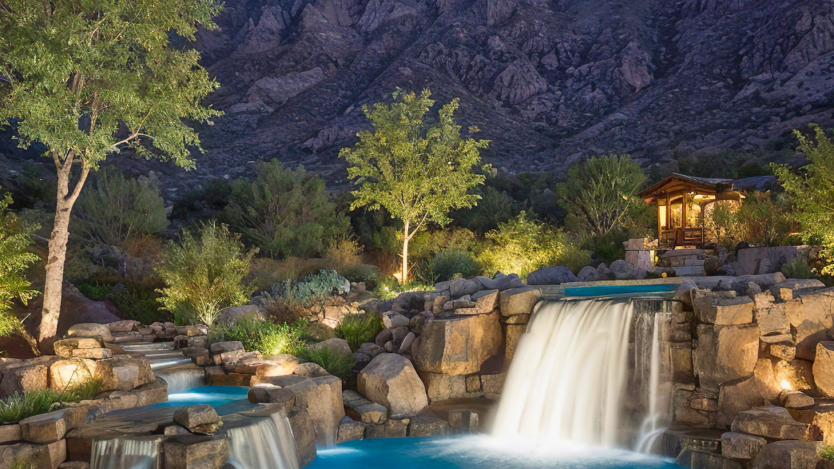 Serene landscape with waterfall and illuminated gazebo.