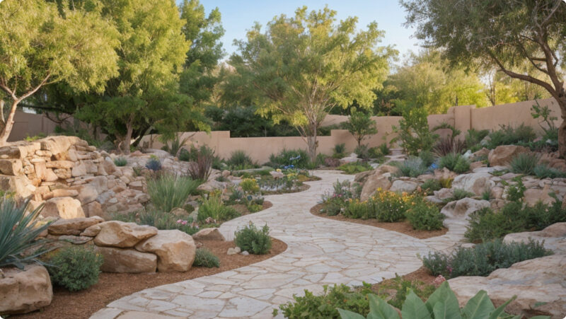 Beautiful stone garden path with lush greenery